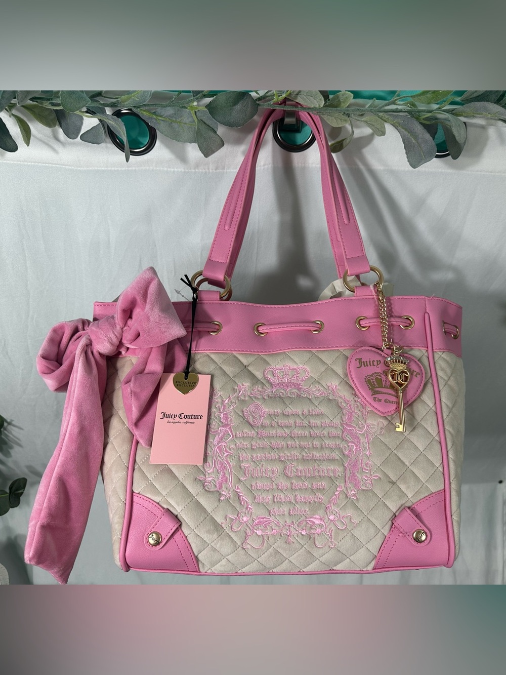 Juicy Couture Cream Quilted Tote with Pink Trim and Bow